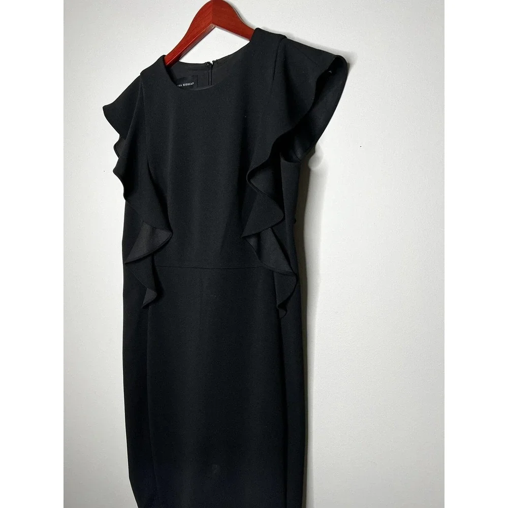 Donna Morgan Sheath Dress Womens 8 Black Ruffle Cap Sleeve LBD Professional Chic